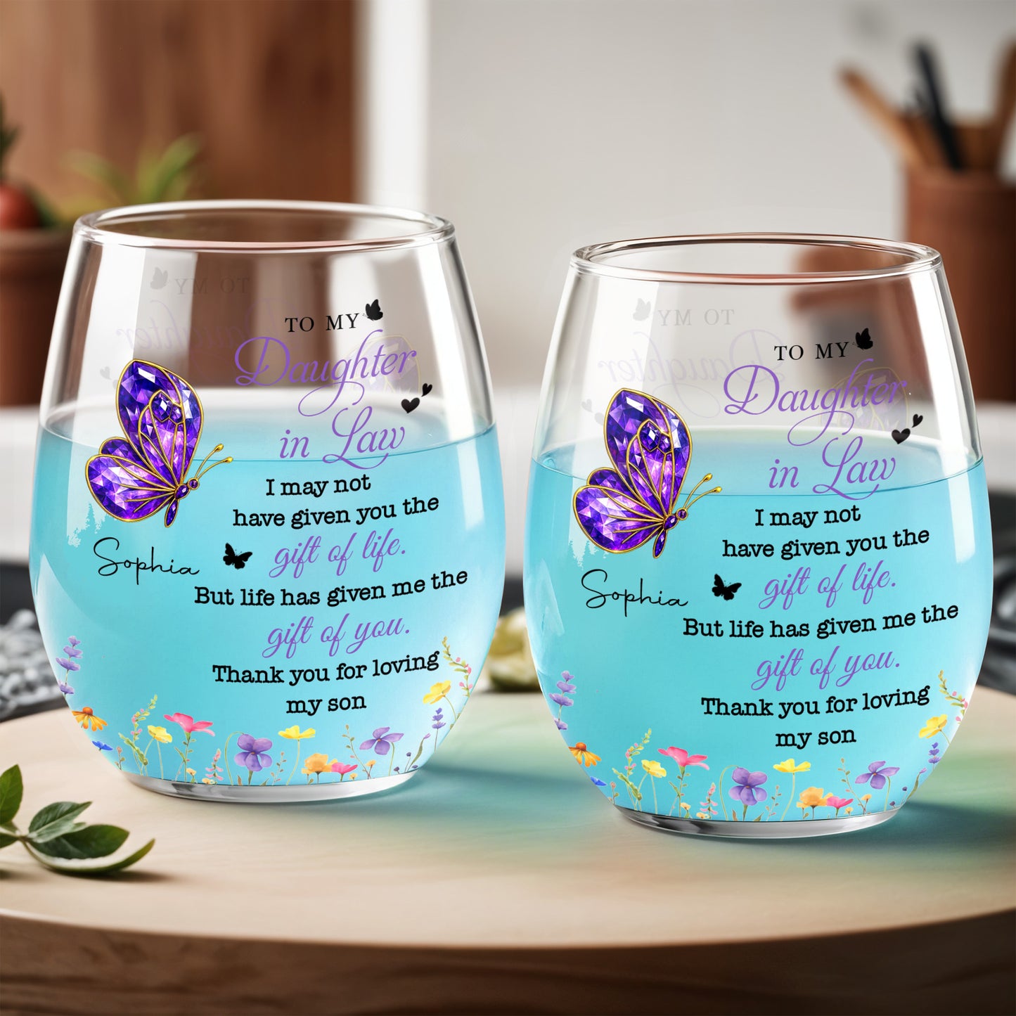 To My Daughter In Law Purple Butterfly And Flowers - Personalized Stemless Wine Glass - DILA051_WIGL