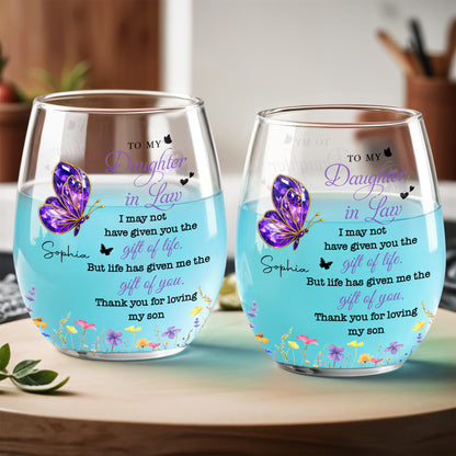 To My Daughter In Law Purple Butterfly And Flowers - Personalized Stemless Wine Glass - DILA051_WIGL