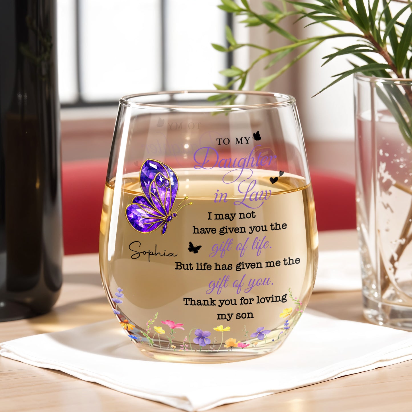 To My Daughter In Law Purple Butterfly And Flowers - Personalized Stemless Wine Glass - DILA051_WIGL