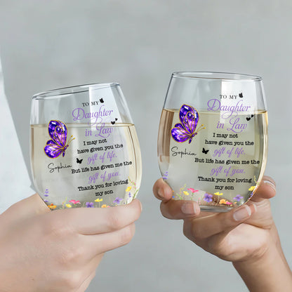 To My Daughter In Law Purple Butterfly And Flowers - Personalized Stemless Wine Glass - DILA051_WIGL