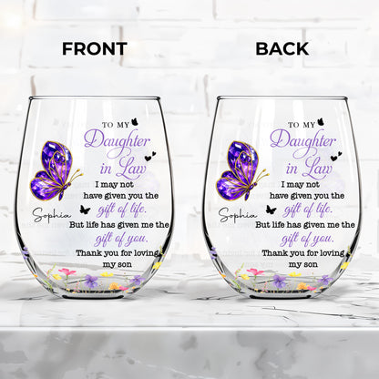 To My Daughter In Law Purple Butterfly And Flowers - Personalized Stemless Wine Glass - DILA051_WIGL