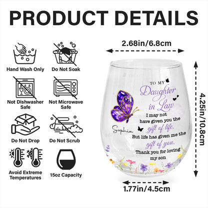 To My Daughter In Law Purple Butterfly And Flowers - Personalized Stemless Wine Glass - DILA051_WIGL