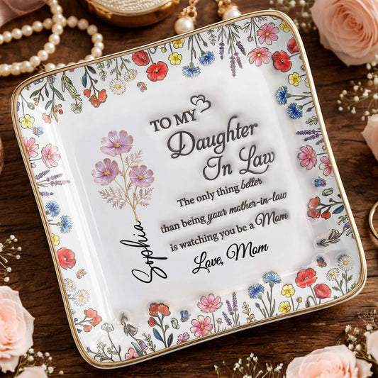 To My Daughter In Law Watching You A Mom With Wildflowers - Personalized Custom Jewelry Dish, Ceramic Dish, Square Shape - DILA091_SCRF