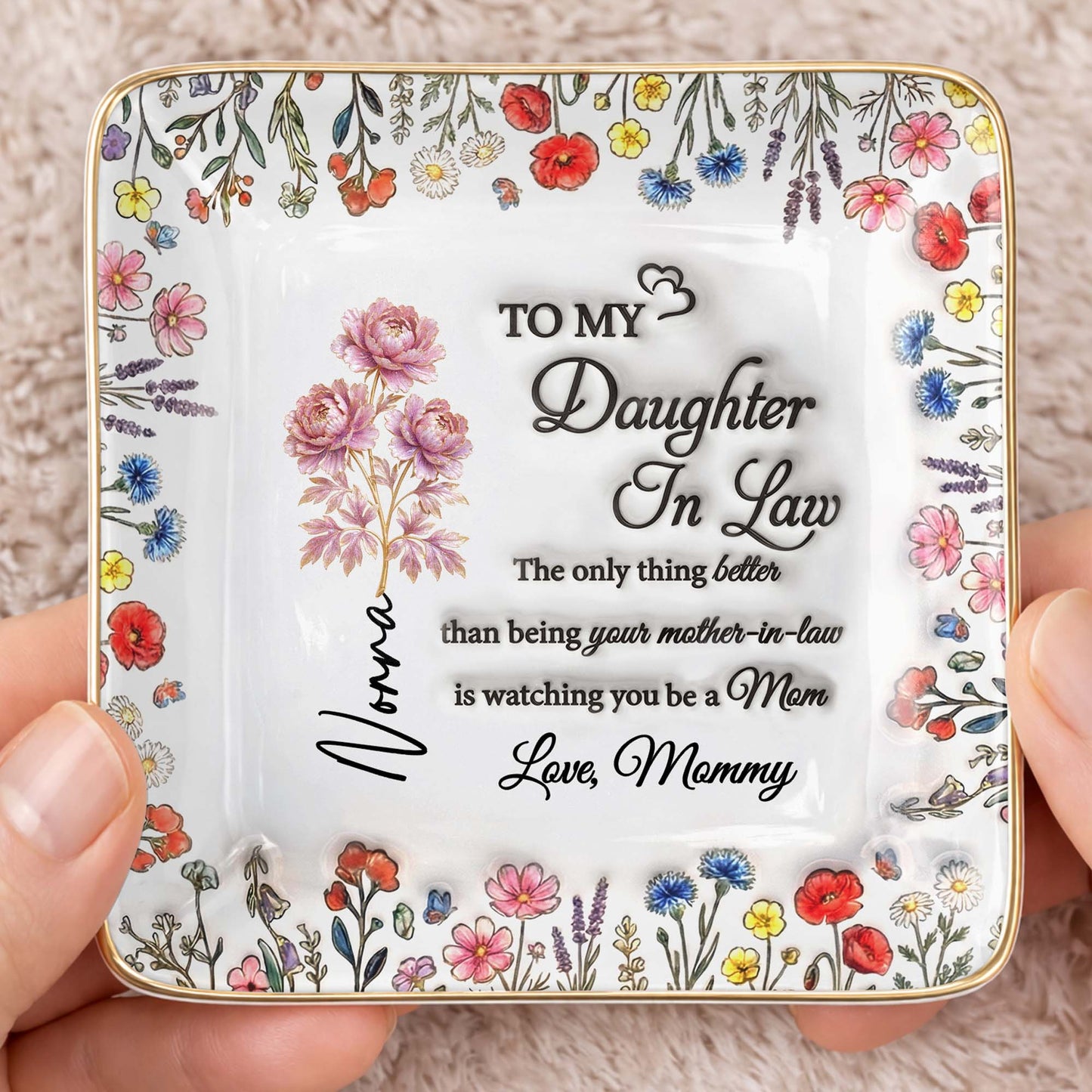 To My Daughter In Law Watching You A Mom With Wildflowers - Personalized Custom Jewelry Dish, Ceramic Dish, Square Shape - DILA091_SCRF