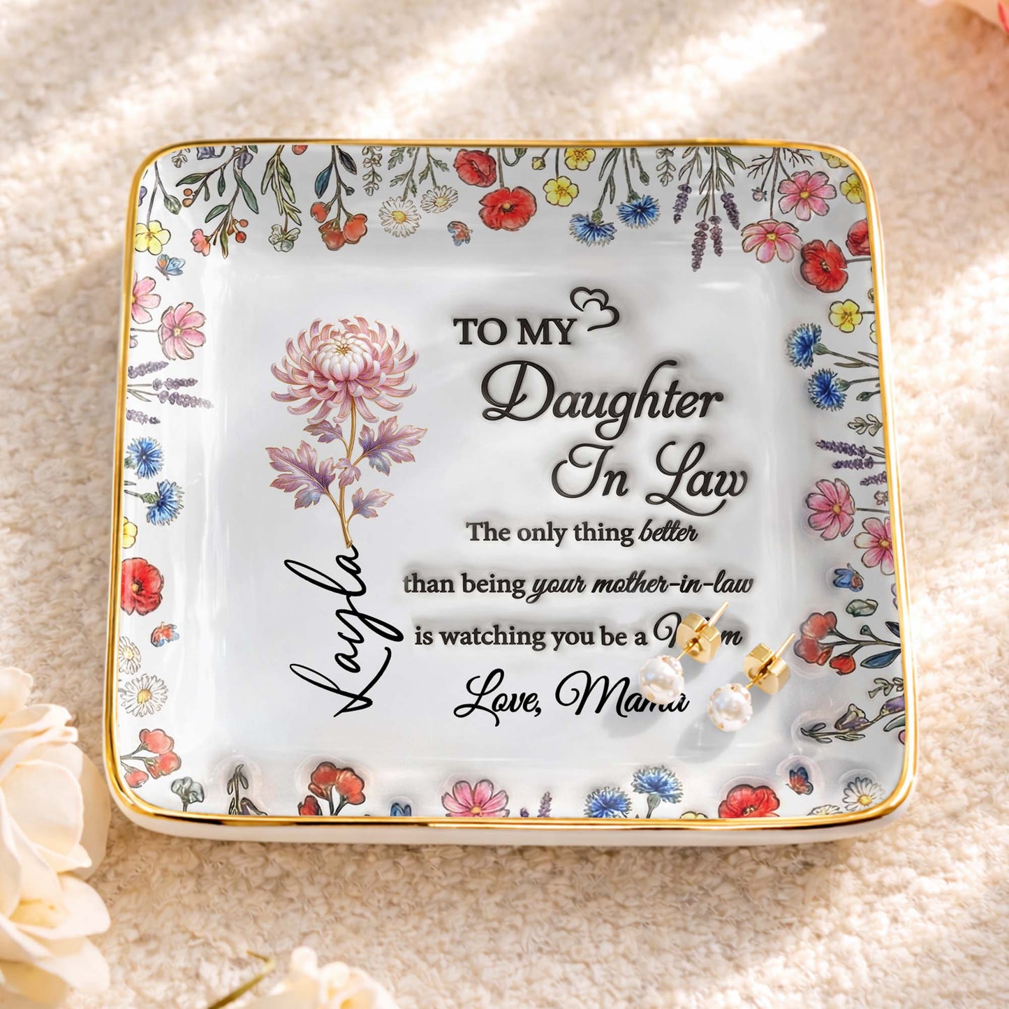 To My Daughter In Law Watching You A Mom With Wildflowers - Personalized Custom Jewelry Dish, Ceramic Dish, Square Shape - DILA091_SCRF