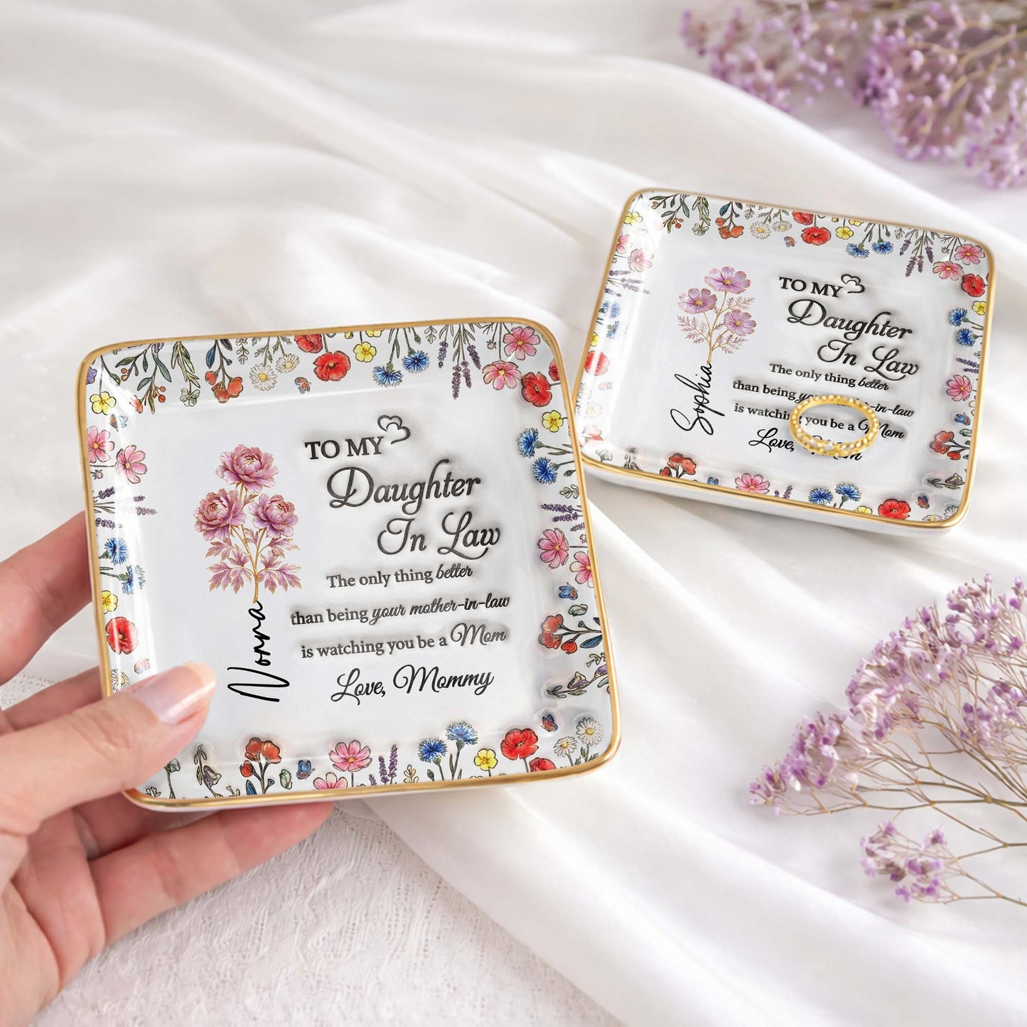 To My Daughter In Law Watching You A Mom With Wildflowers - Personalized Custom Jewelry Dish, Ceramic Dish, Square Shape - DILA091_SCRF
