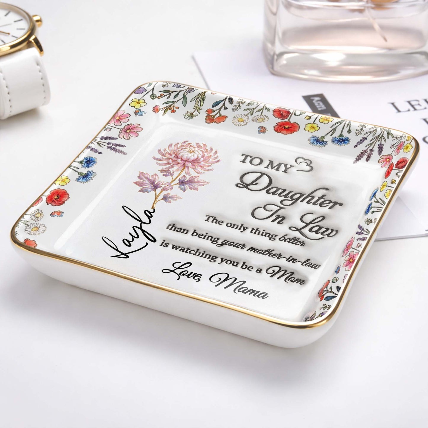 To My Daughter In Law Watching You A Mom With Wildflowers - Personalized Custom Jewelry Dish, Ceramic Dish, Square Shape - DILA091_SCRF