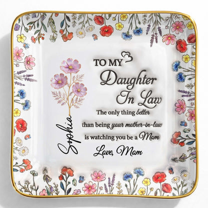 To My Daughter In Law Watching You A Mom With Wildflowers - Personalized Custom Jewelry Dish, Ceramic Dish, Square Shape - DILA091_SCRF