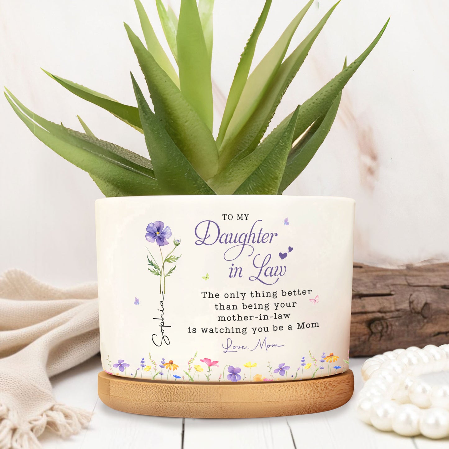 To My Daughter In Law Life Has Given Me The Gift Of You Flowers - Personalized Ceramic Plant Pot - DILA096_CEP