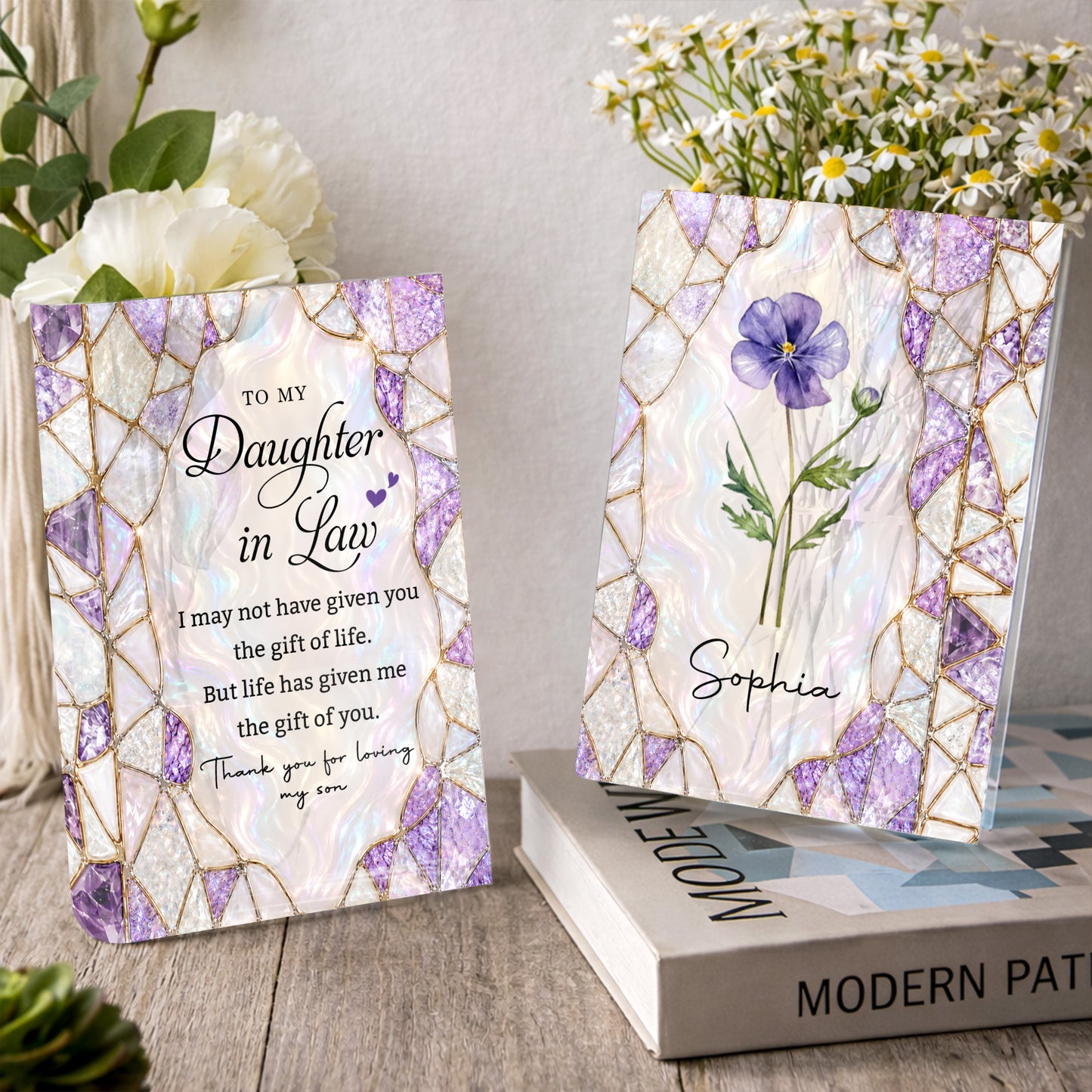 To My Daughter In Law Life Has Given Me The Gift Of You Stained Glass Pattern - Personalized Acrylic Book Vase - DILA120_ABOVA