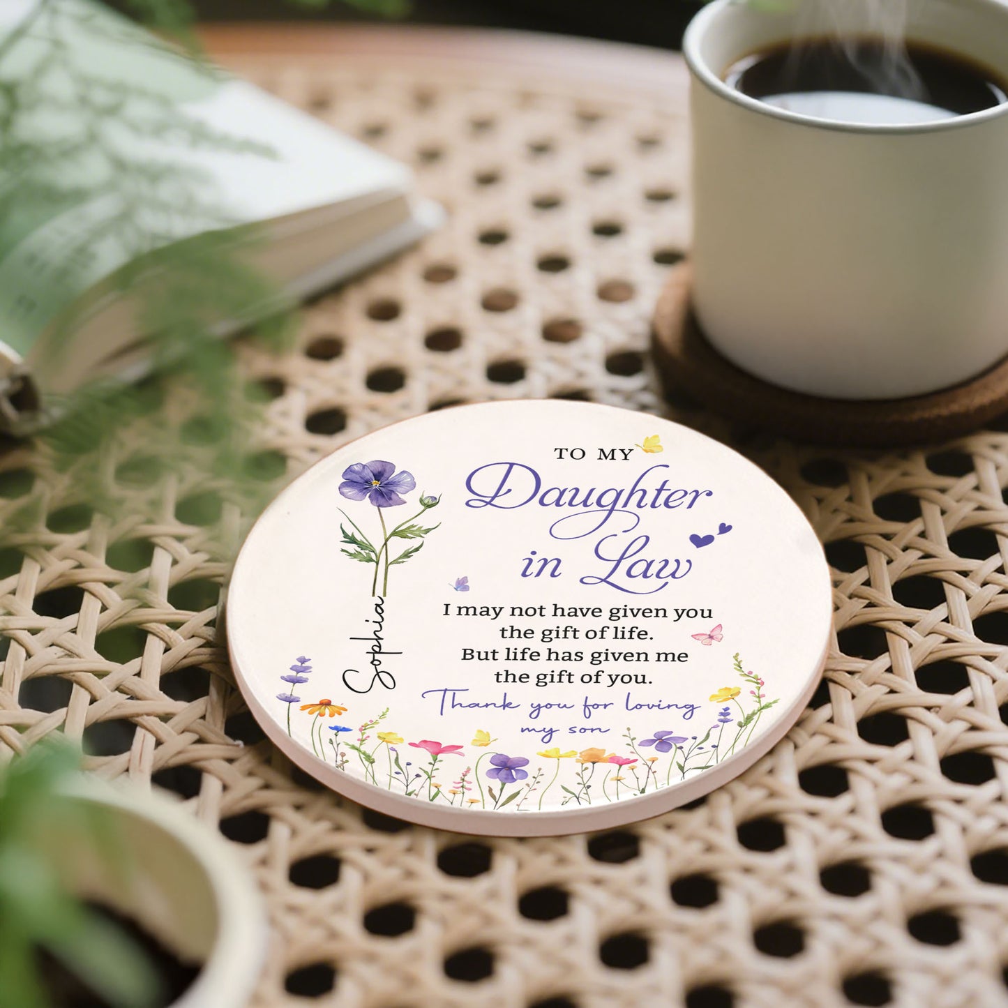 To My Daughter In Law Gift Of You Birth Month Flower - Personalized Custom Ceramic Coaster - DILA120_ROCO