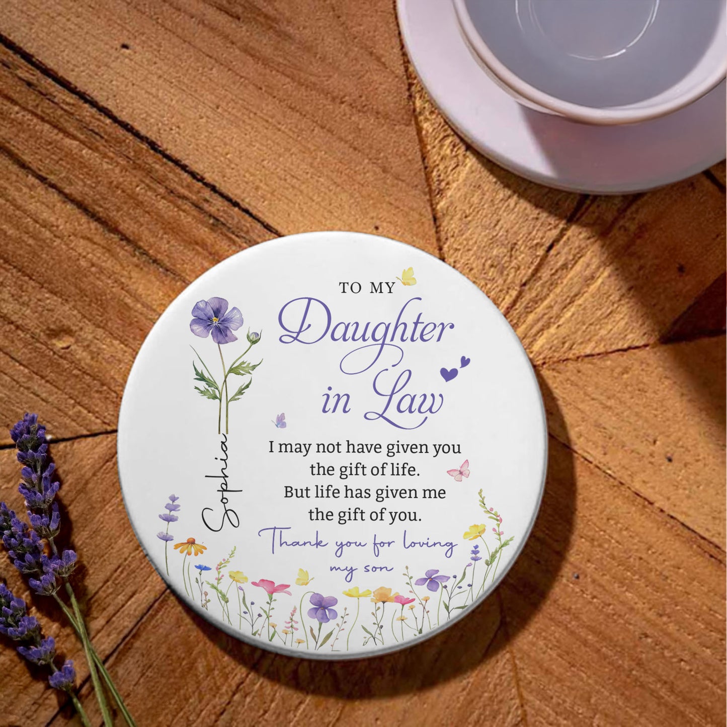 To My Daughter In Law Gift Of You Birth Month Flower - Personalized Custom Ceramic Coaster - DILA120_ROCO
