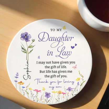 To My Daughter In Law Gift Of You Birth Month Flower - Personalized Custom Ceramic Coaster - DILA120_ROCO