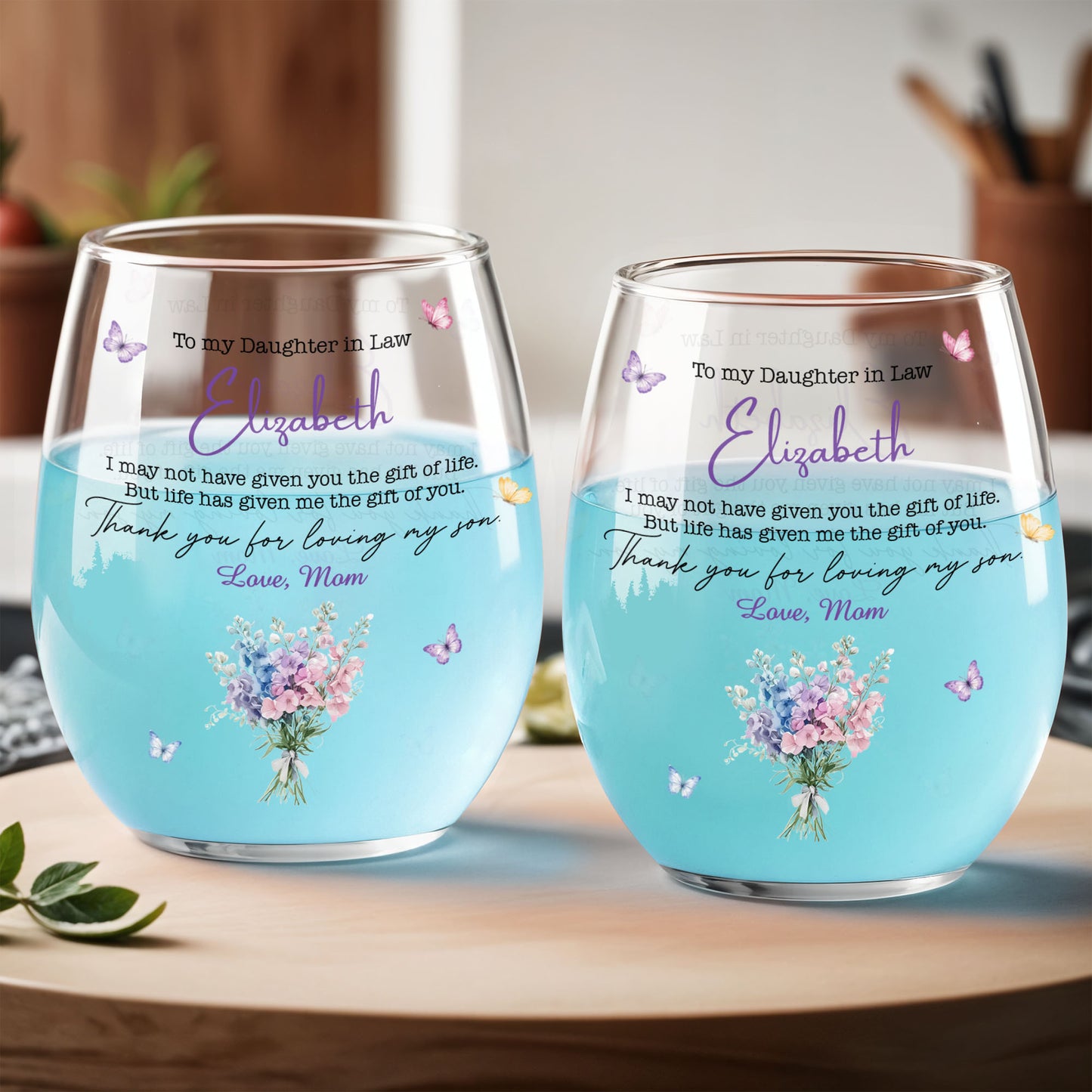 To My Daughter In Law Life Has Given Me The Gift Of You Flowers - Personalized Stemless Wine Glass - DILA244_WIGL