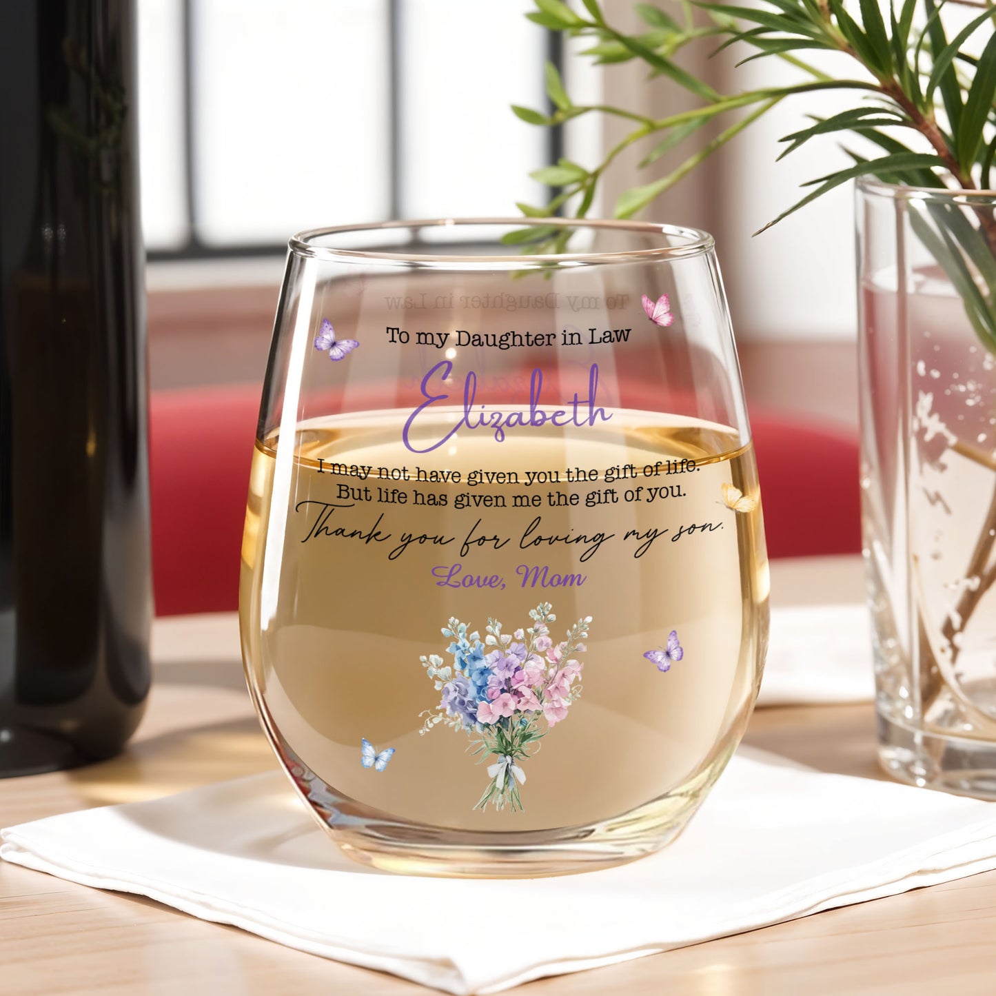 To My Daughter In Law Life Has Given Me The Gift Of You Flowers - Personalized Stemless Wine Glass - DILA244_WIGL