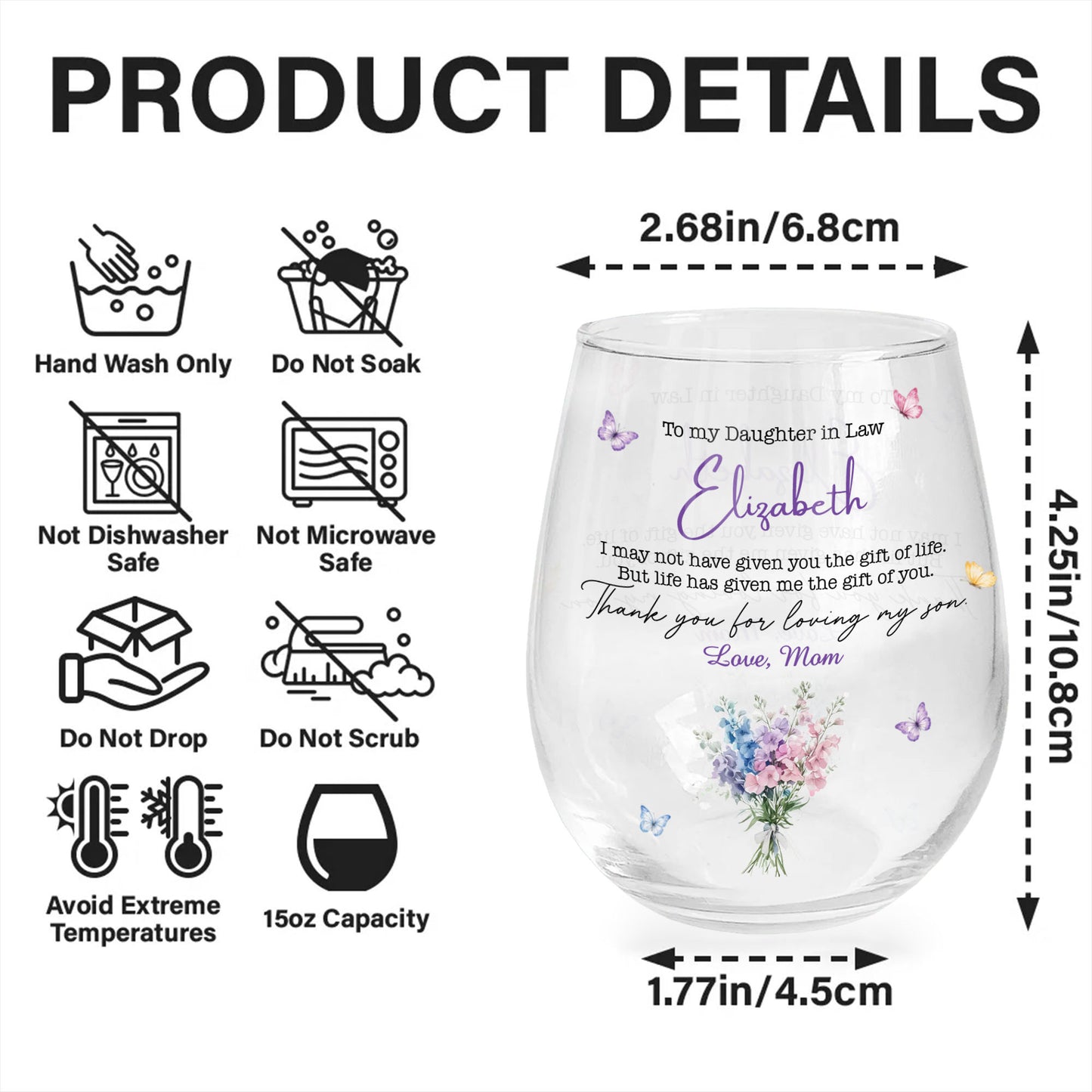 To My Daughter In Law Life Has Given Me The Gift Of You Flowers - Personalized Stemless Wine Glass - DILA244_WIGL