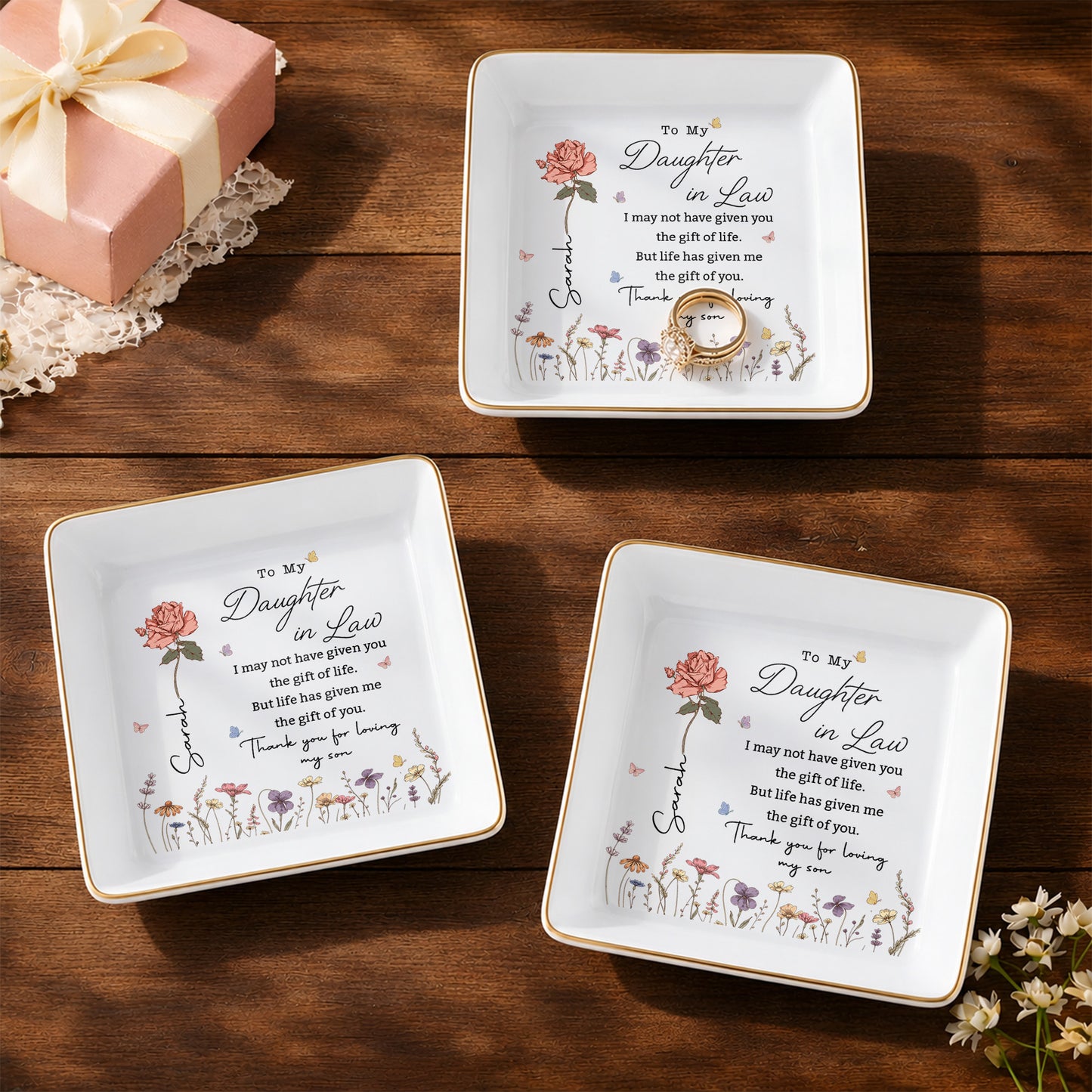 To My Daughter In Law Life Has Given Me The Gift Of You Flowers - Personalized Custom Jewelry Dish, Square Ceramic Dish - DILA255_SCRD