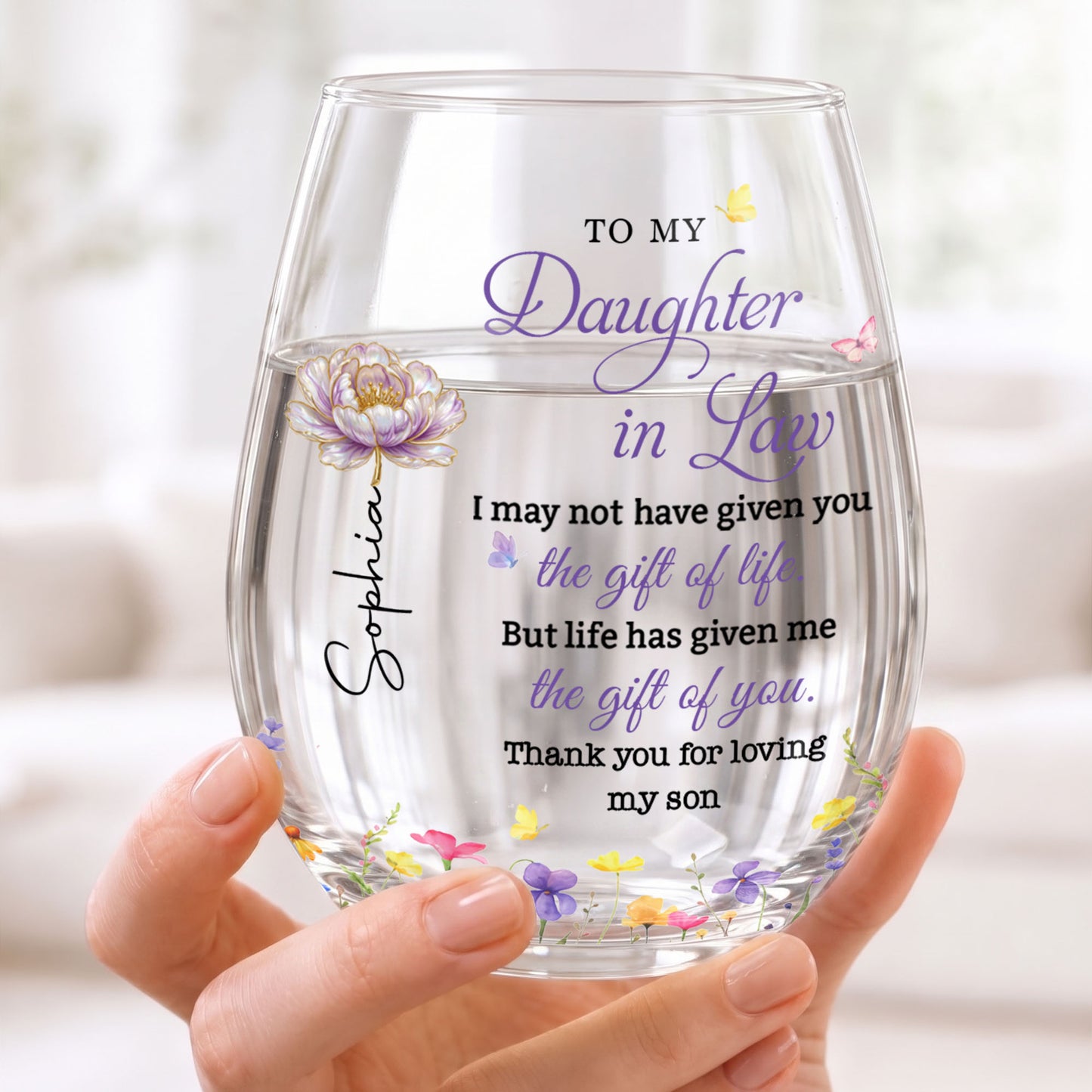 To My Daughter In Law Gift Of Life Birth Month Flowers - Personalized Stemless Wine Glass - DILA271_WIGL