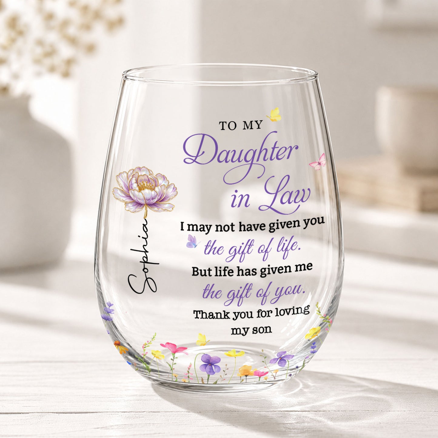 To My Daughter In Law Gift Of Life Birth Month Flowers - Personalized Stemless Wine Glass - DILA271_WIGL