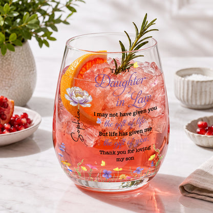 To My Daughter In Law Gift Of Life Birth Month Flowers - Personalized Stemless Wine Glass - DILA271_WIGL