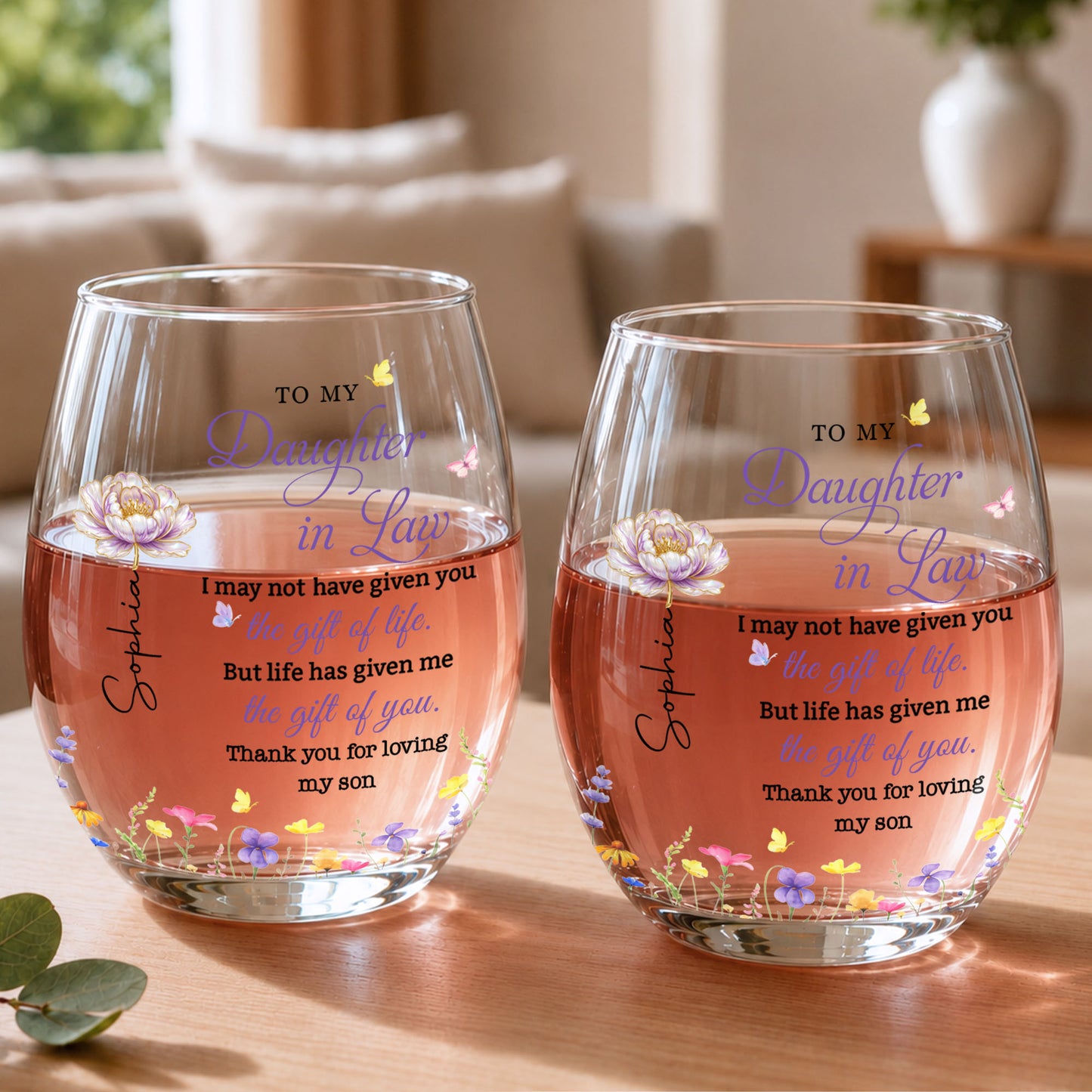 To My Daughter In Law Gift Of Life Birth Month Flowers - Personalized Stemless Wine Glass - DILA271_WIGL