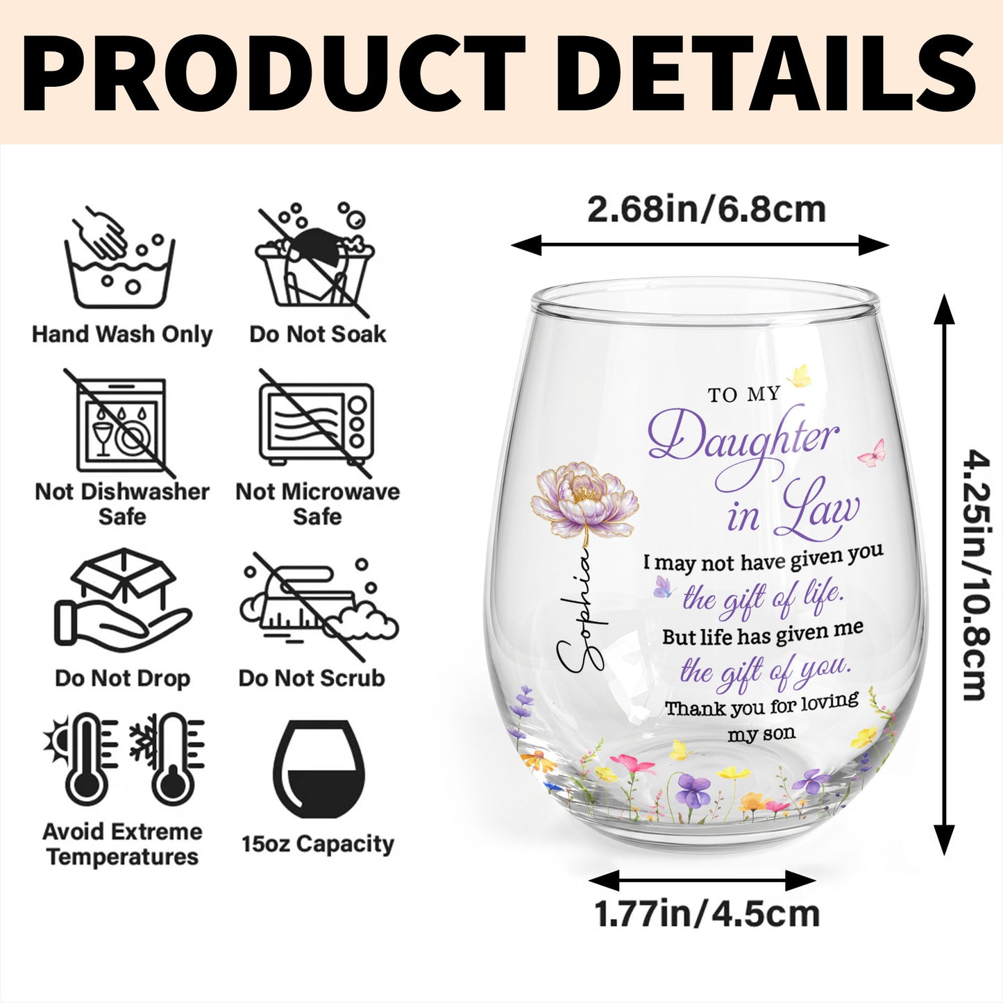 To My Daughter In Law Gift Of Life Birth Month Flowers - Personalized Stemless Wine Glass - DILA271_WIGL