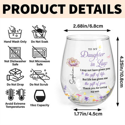 To My Daughter In Law Gift Of Life Birth Month Flowers - Personalized Stemless Wine Glass - DILA271_WIGL