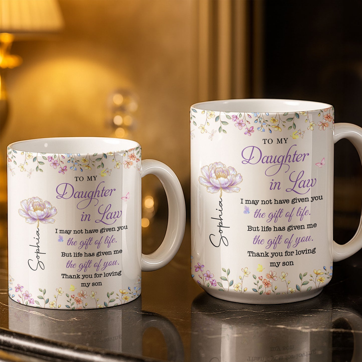 To My Daughter In Law Life Has Given Me The Gift Of You Flowers - Personalized Custom Coffee Mug - DILA304_MG