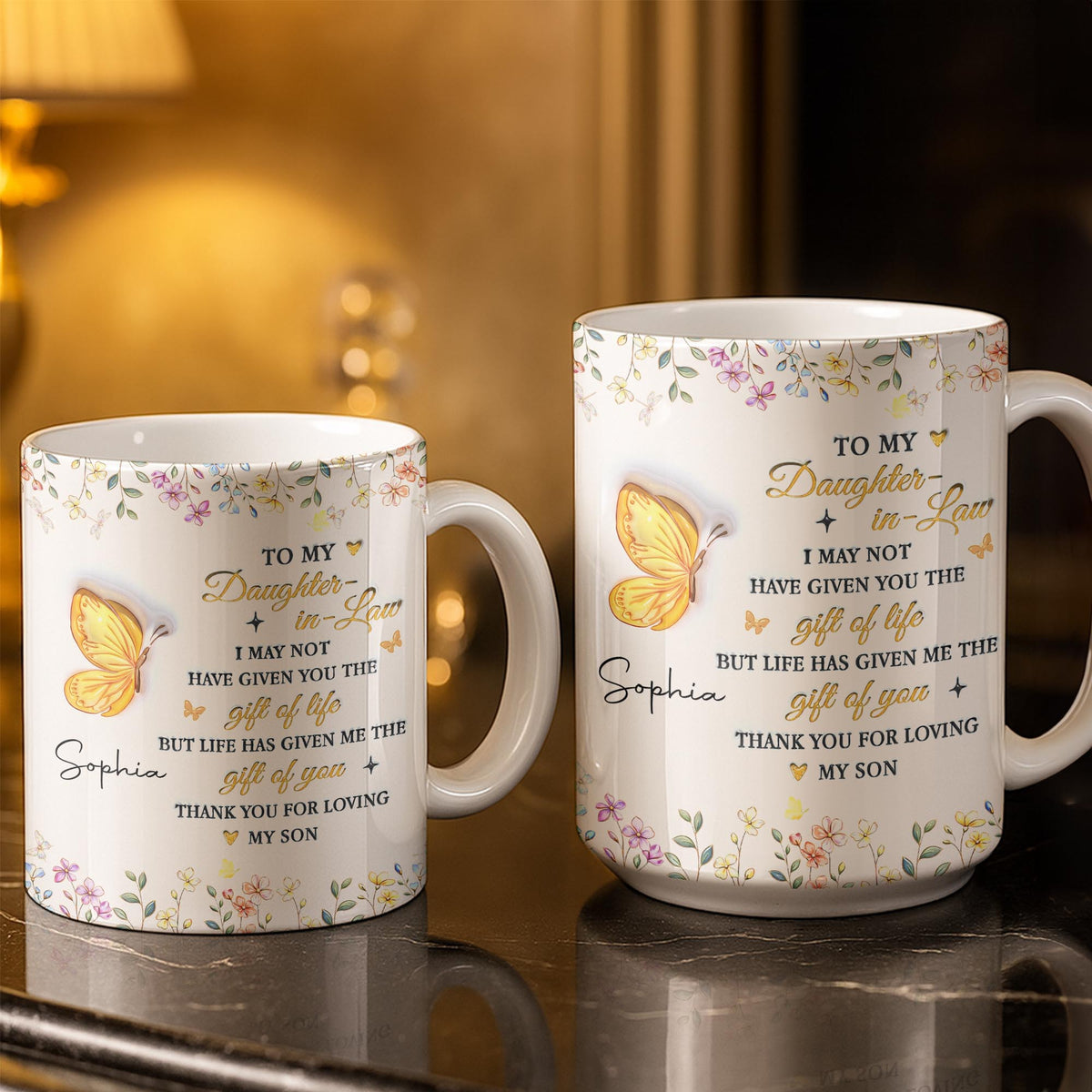 To My Daughter In Law Gift Of You Butterfly Flowers - Personalized Custom Coffee Mug - DILA411_MG