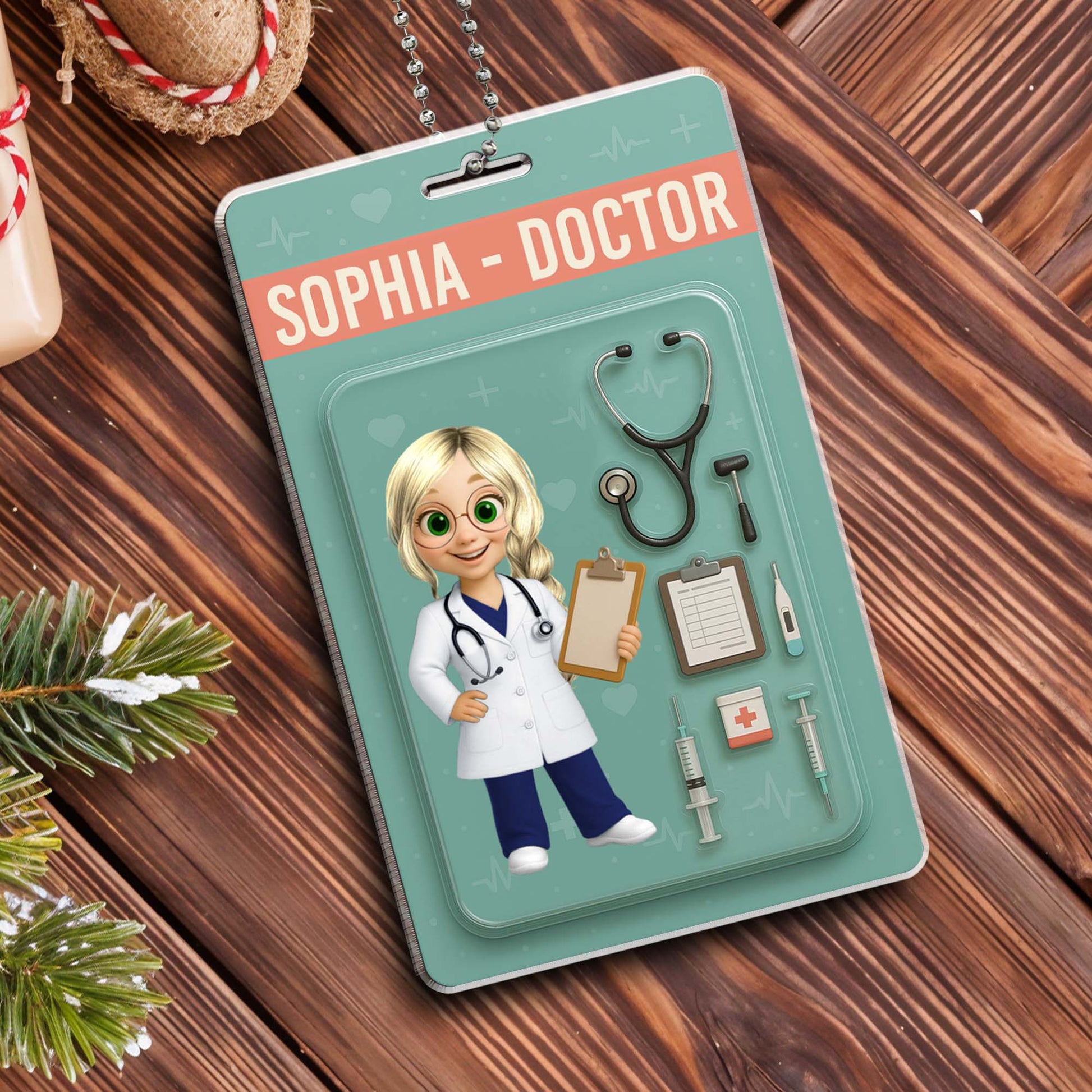 Personalized Doctor-Themed Ornament with Stethoscope and Medical Clipboard