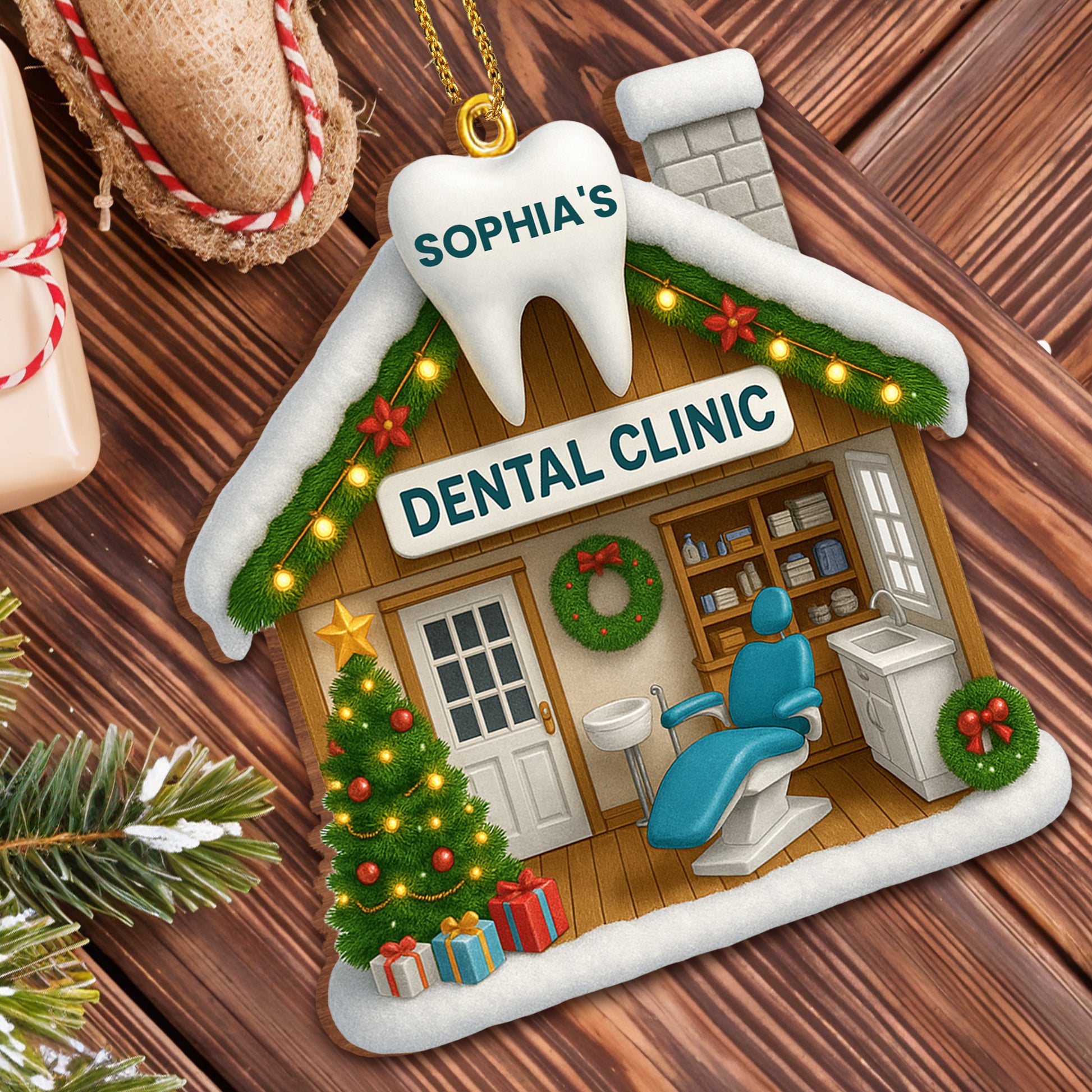 Festive Dental Clinic Ornament With Christmas Tree And Decorations