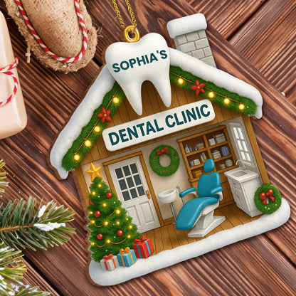 Festive Dental Clinic Ornament With Christmas Tree And Decorations