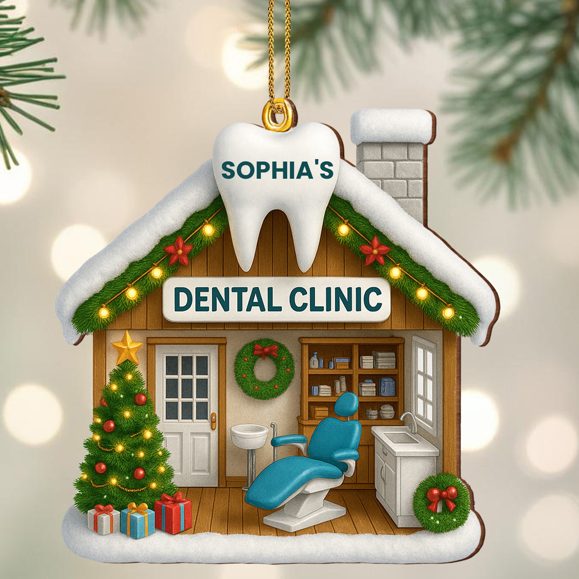 Festive Dental Clinic Ornament With Christmas Tree And Decorations