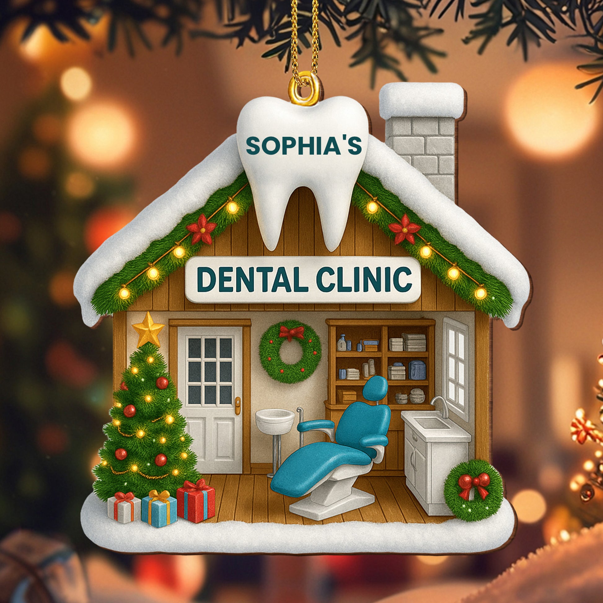 Festive Dental Clinic Ornament With Christmas Tree And Decorations