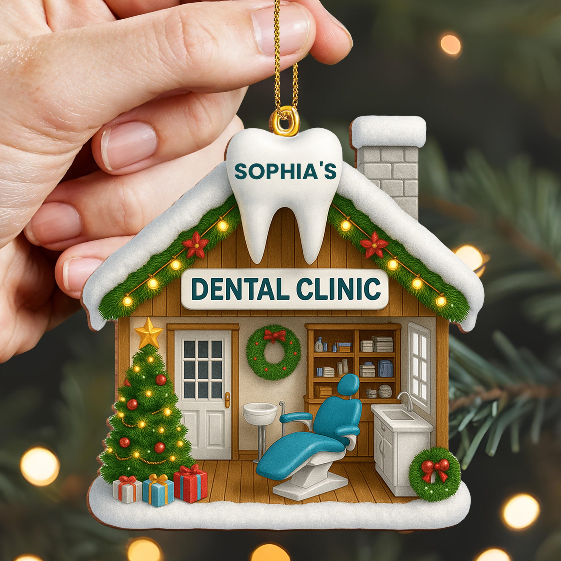 Festive Dental Clinic Ornament With Christmas Tree And Decorations