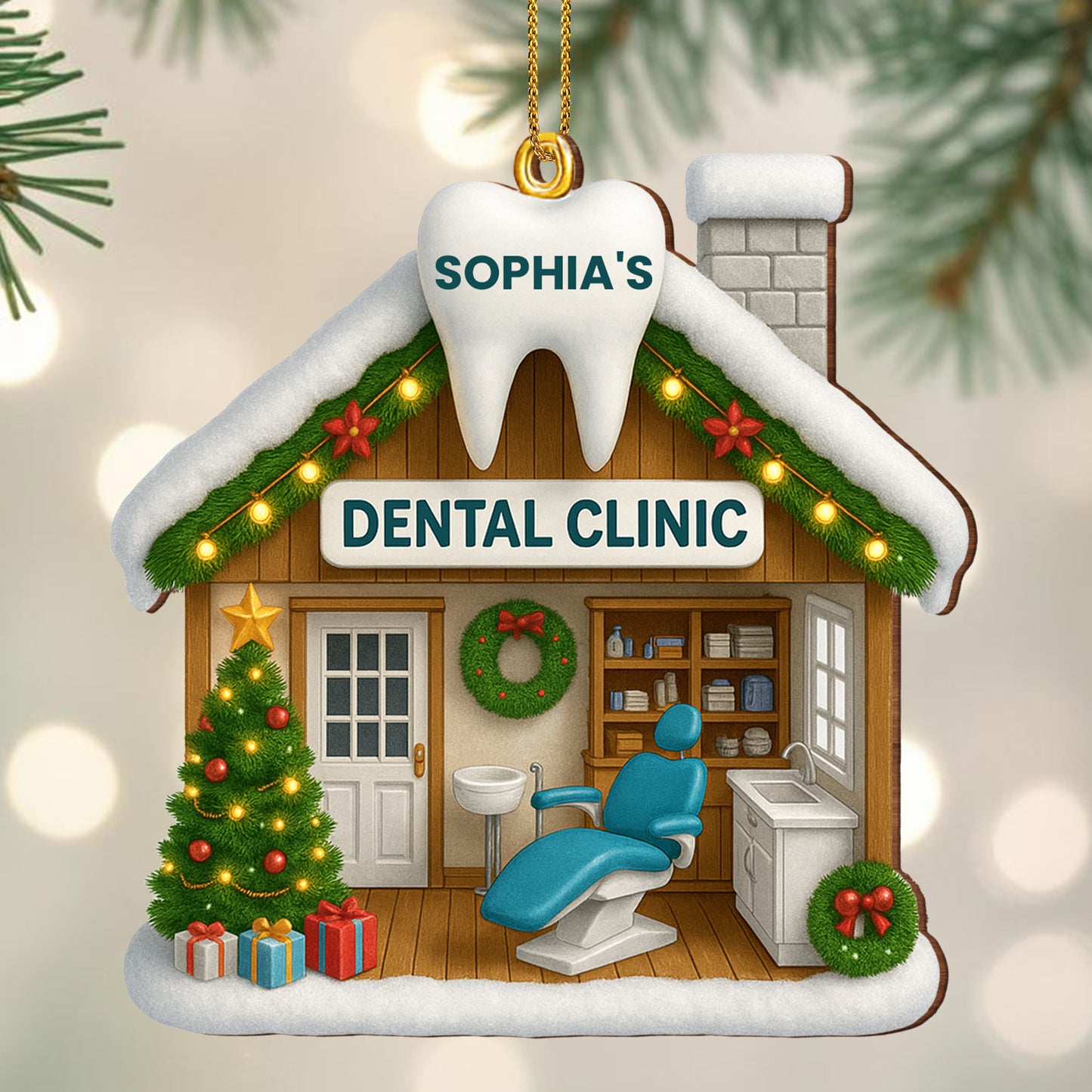 Festive Dental Clinic Ornament With Christmas Tree And Decorations
