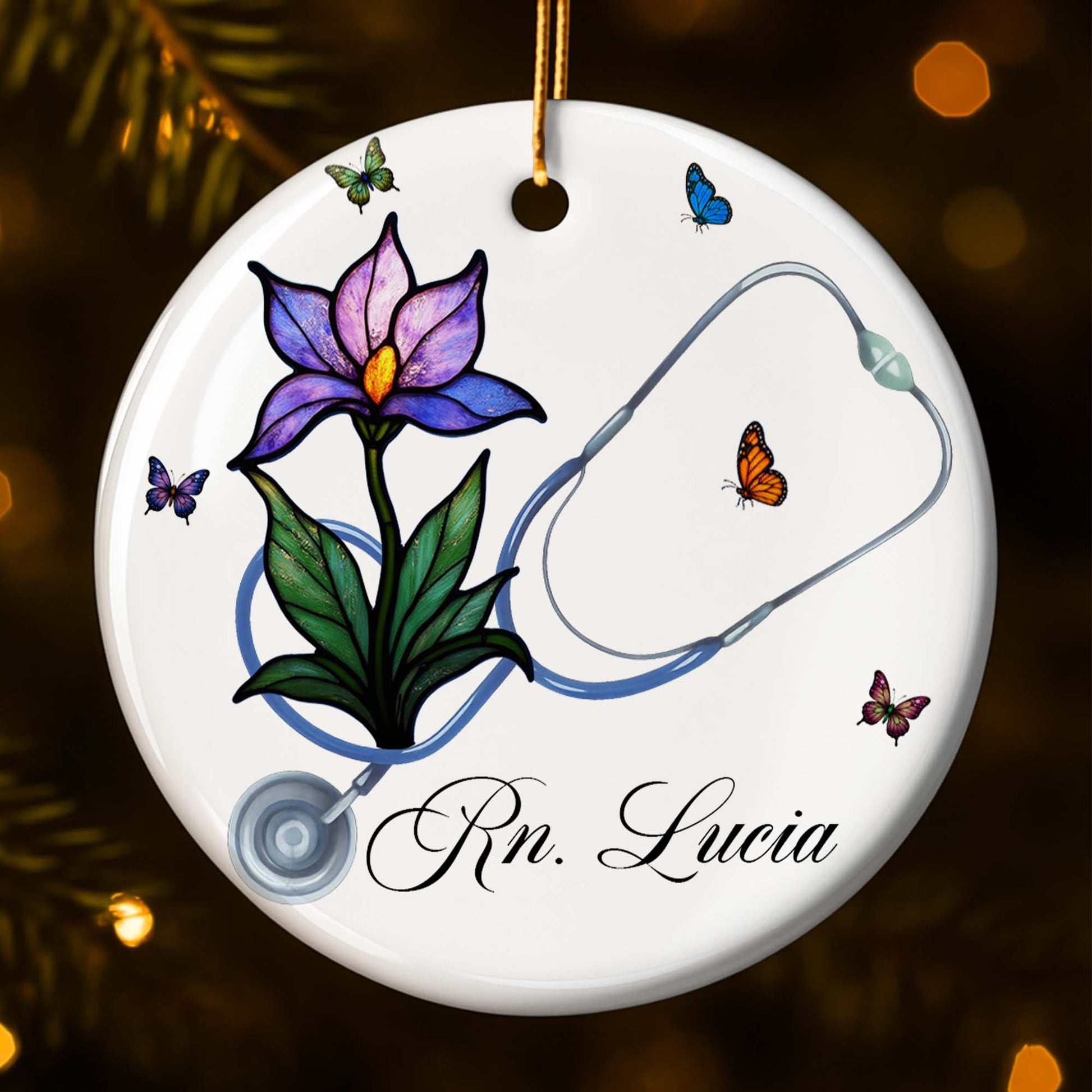 Customizable Ornament With Stethoscope, Flower, And Butterflies