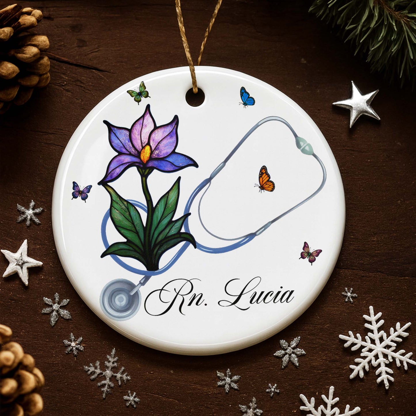 Customizable Ornament With Stethoscope, Flower, And Butterflies