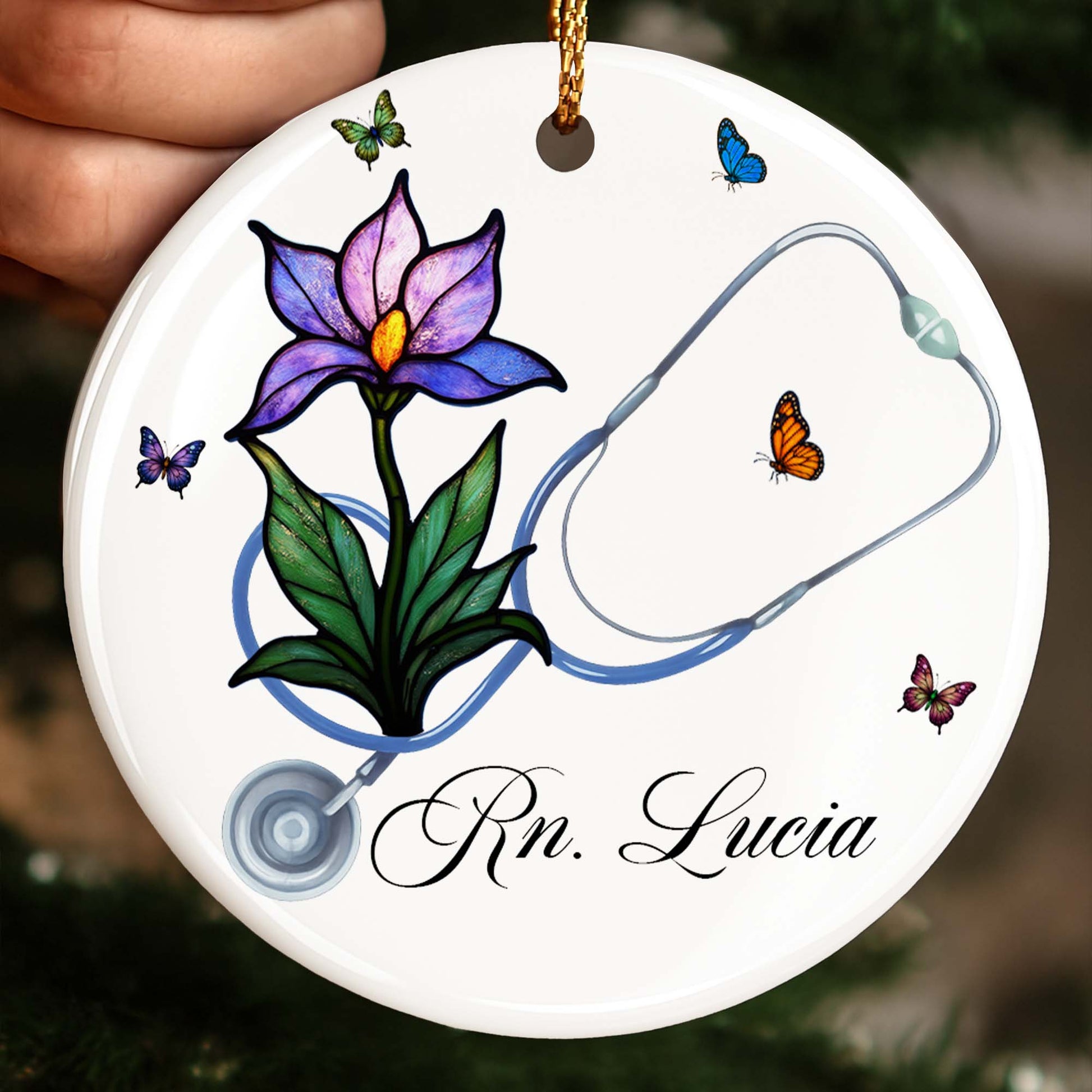 Customizable Ornament With Stethoscope, Flower, And Butterflies