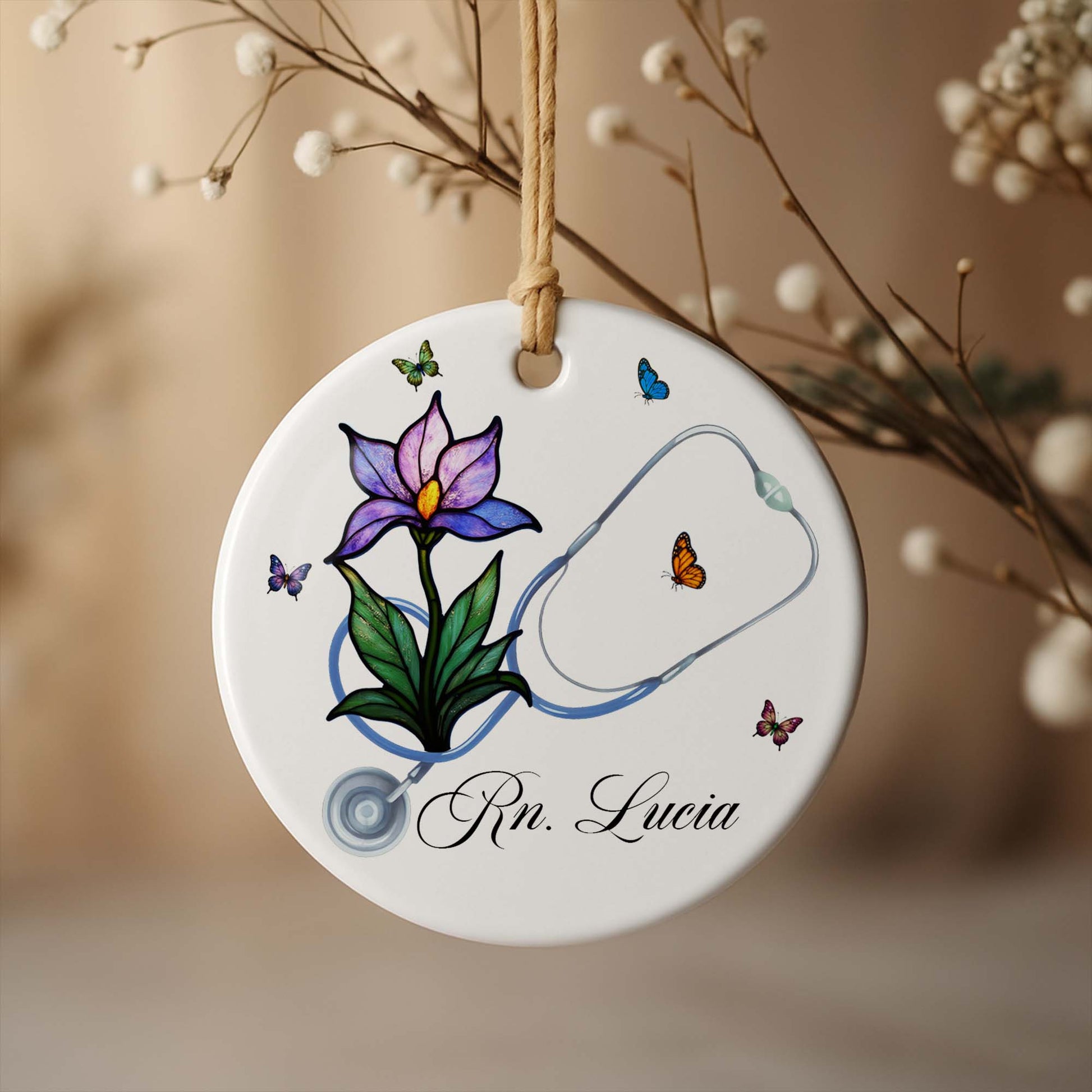 Customizable Ornament With Stethoscope, Flower, And Butterflies