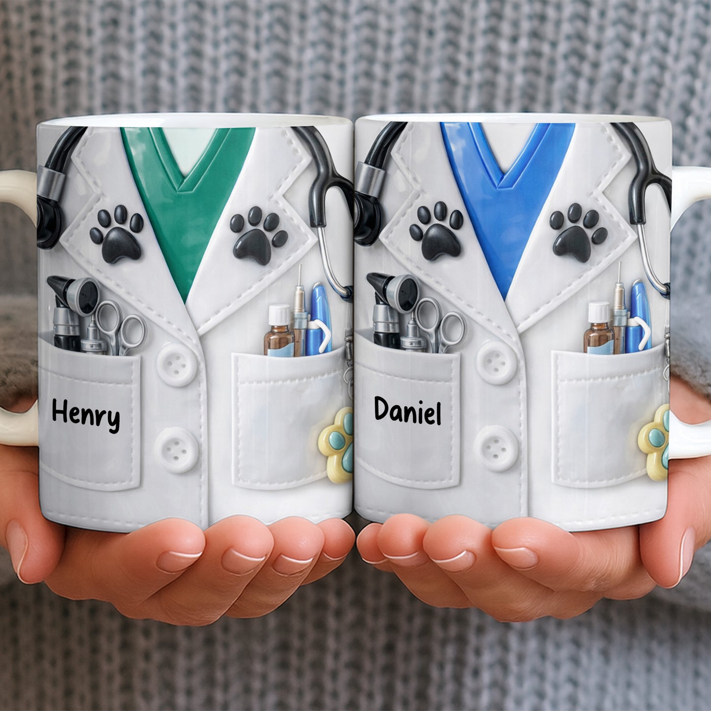Personalized Vet Coat Design With Paws And Medical Instruments
