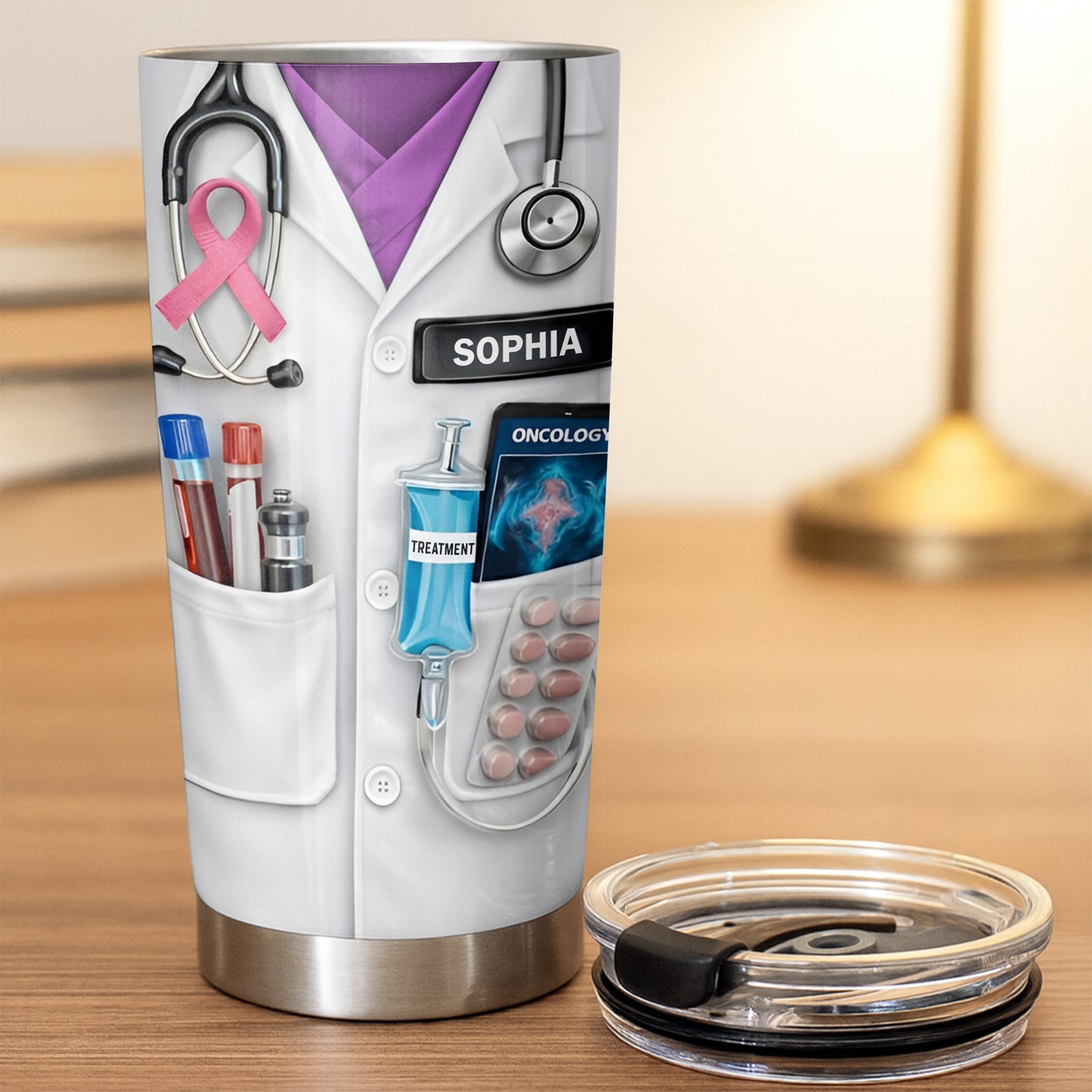 Oncology Treatment Medical Lab Coat Stethoscope Awareness Ribbon