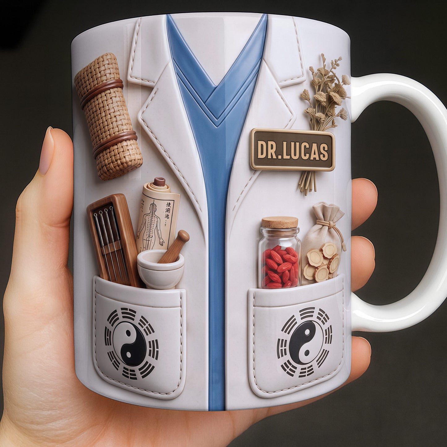 Traditional Chinese Medicine Doctor Coat With Acupuncture Needles And Yin Yang - Personalized Custom Coffee Mug - DOC124_MG