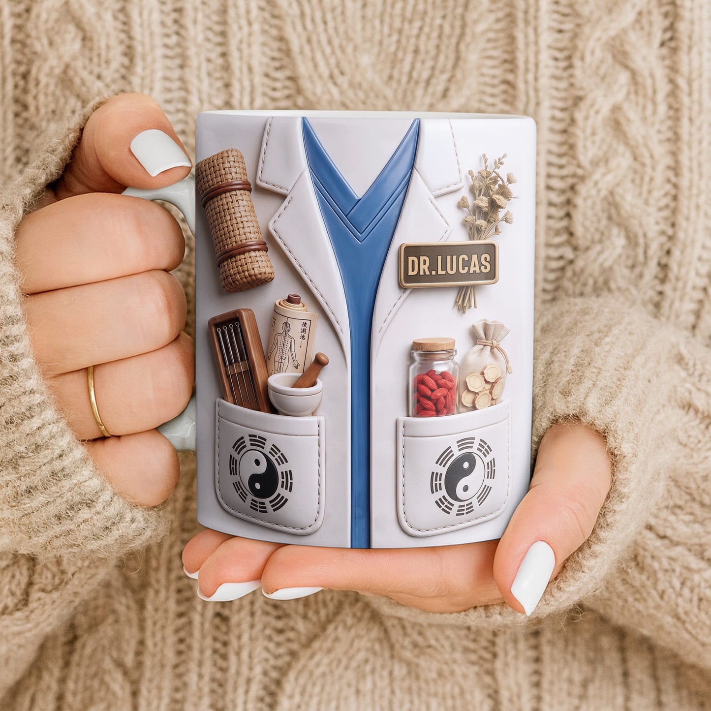 Traditional Chinese Medicine Doctor Coat With Acupuncture Needles And Yin Yang - Personalized Custom Coffee Mug - DOC124_MG