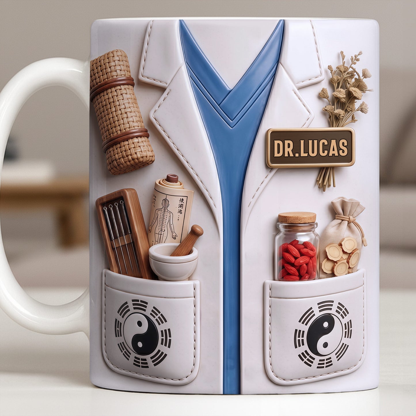 Traditional Chinese Medicine Doctor Coat With Acupuncture Needles And Yin Yang - Personalized Custom Coffee Mug - DOC124_MG