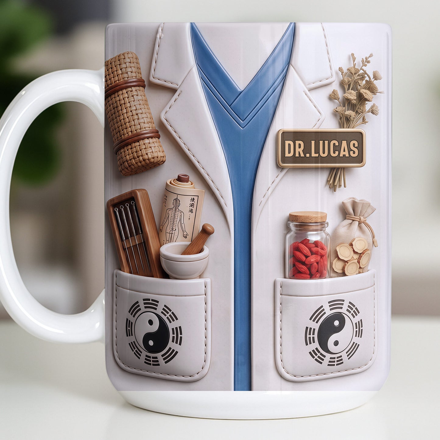 Traditional Chinese Medicine Doctor Coat With Acupuncture Needles And Yin Yang - Personalized Custom Coffee Mug - DOC124_MG
