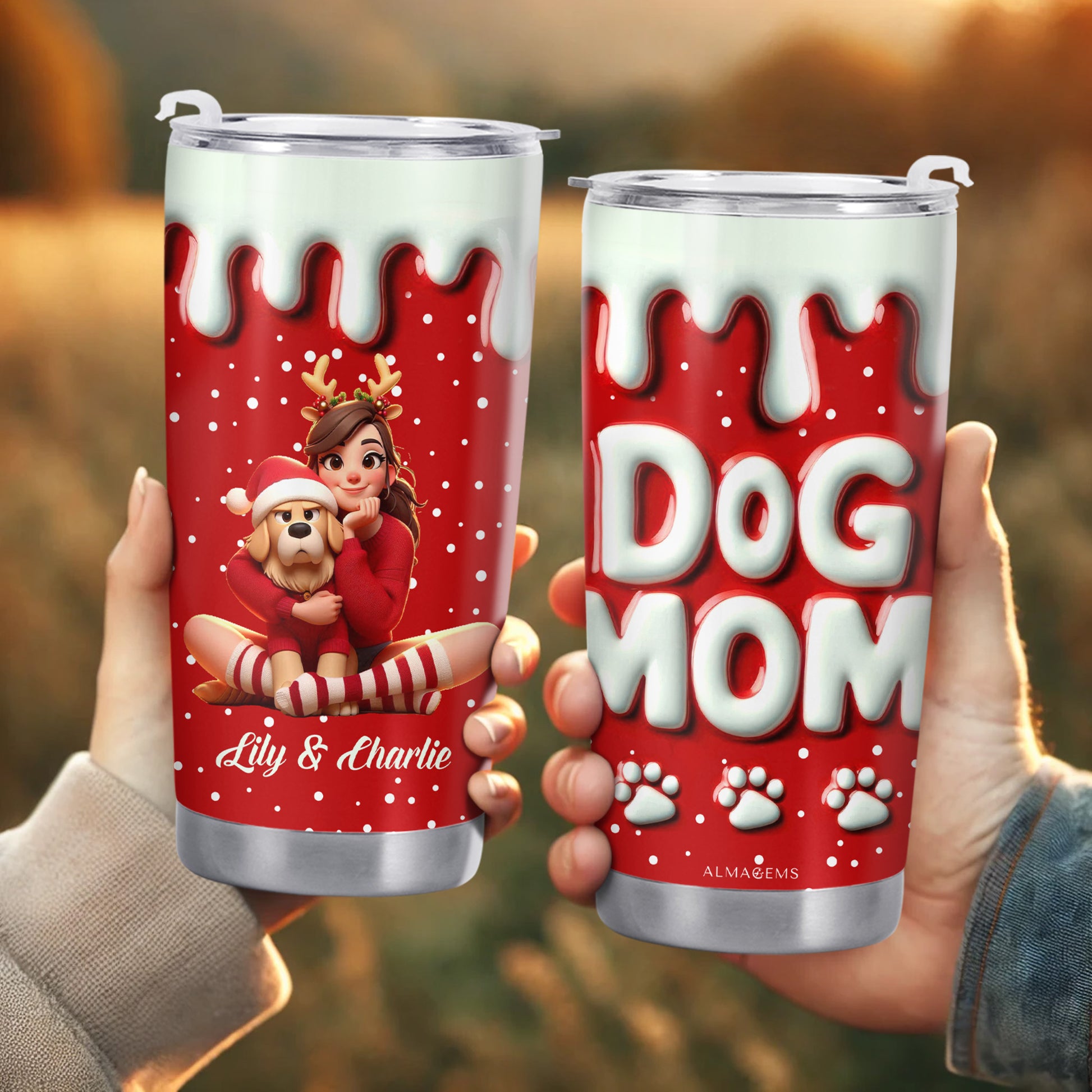 Best Dog Mom Ever With Girl and Dog in Santa Hats