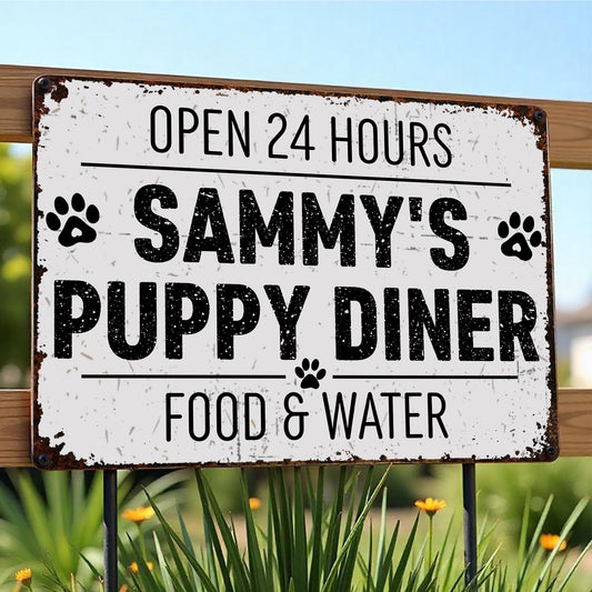 Open 24 Hours Doggy Diner Food And Water - Personalized Metal Sign - DOG012_MSIGN
