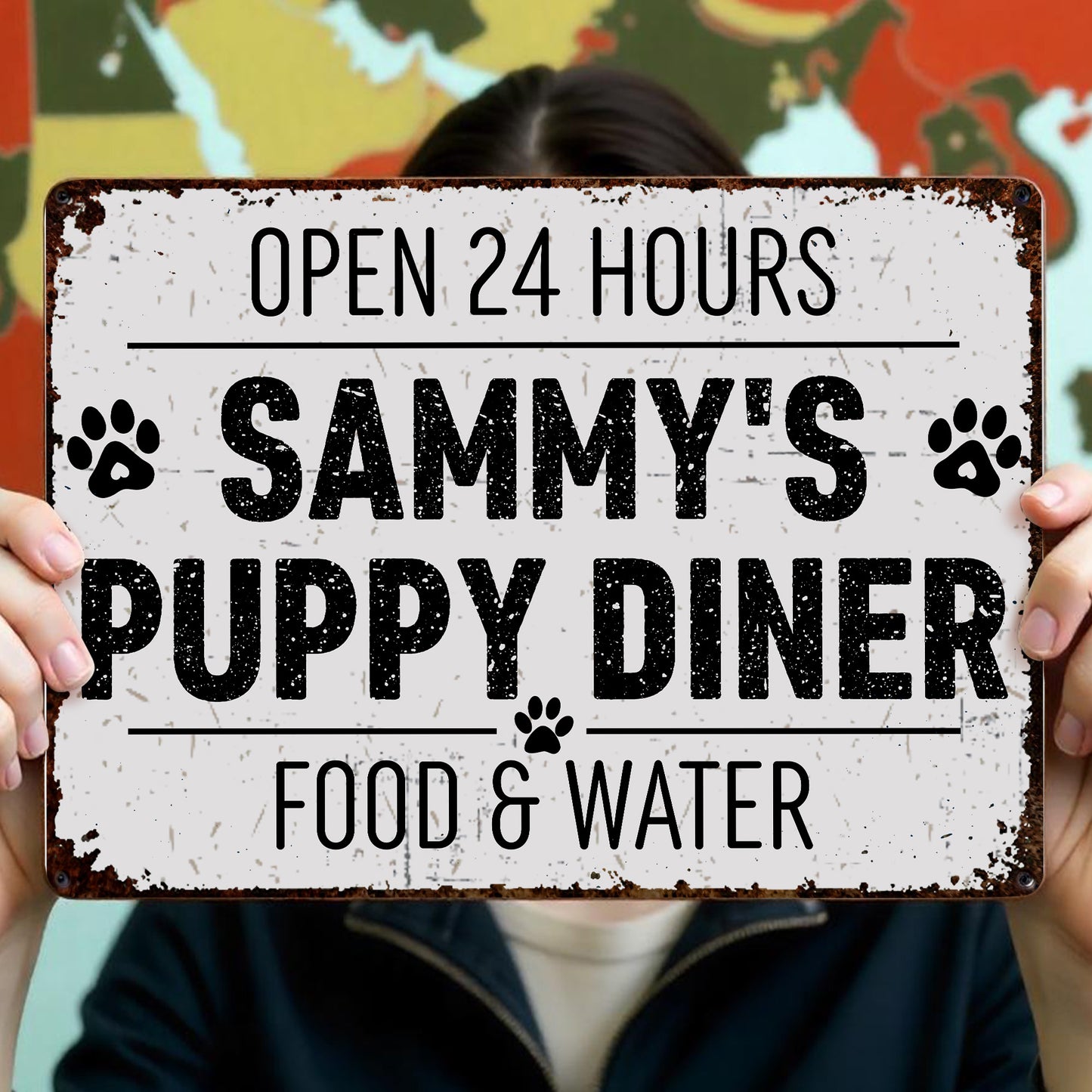 Restaurante canino abierto las 24 horas. Comida y agua. Letrero metálico personalizado. DOG012_MSIGN