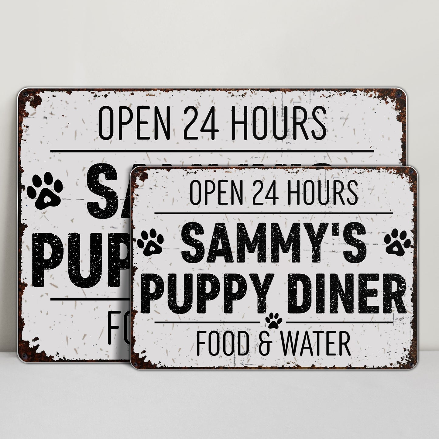 Restaurante canino abierto las 24 horas. Comida y agua. Letrero metálico personalizado. DOG012_MSIGN